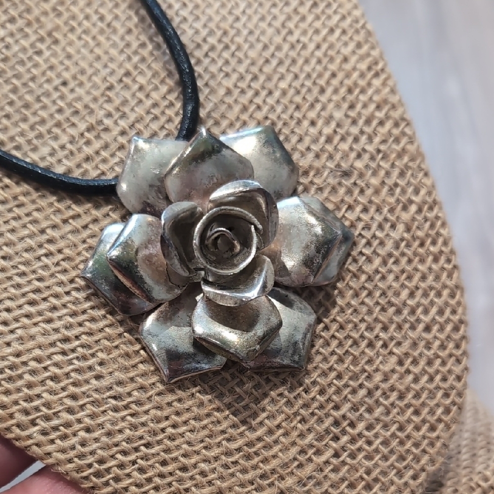 Silver Rose Pendant Necklace Black Cord - Picture 5 of 8